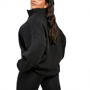 Loose Fit Casual Half High Neck Pullover <b>Women</b> <b>Black</b> <b>Fleece</b> Solid Sweatshirt 100% Cotton Breathable Eco-Friendly Plain Hoodie - Product Image 5