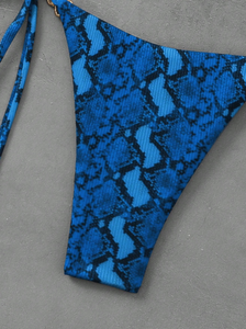 Ensemble bikini imprimé léopard bleu pour femme, haut dos nu, bas à nouer sur les côtés, maillot de bain deux pièces en Spandex et Polyester, coupe extensible - Product Image 2
