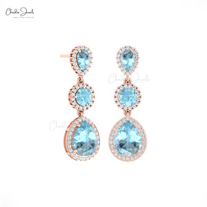 Trending Products 1.10mm Brilliant Cut White Diamond Halo <b>Earrings</b> with Aquamarine Gemstone In 14k Solid Gold Cocktail <b>Earrings</b> - Product Image 3