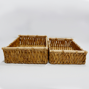 Panier de rangement rectangulaire en jacinthe d'eau naturelle fait main avec poignées en bois - Product Image 4