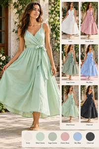 Elegante Vestido Maxi Casual de Lino Sólido sin Mangas con Cuello en V y Cintura Anudada, Fluido, para Vacaciones de Verano, Resort, Playa, Proveedor Mayorista - Product Image 6