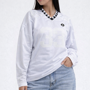 Jersey de Fútbol Americano Personalizado para Mujer, Manga Larga, Malla, Corte Holgado, con Parches, Transpirable, Poliéster, Ropa Deportiva, Suministro OEM - Product Image 2