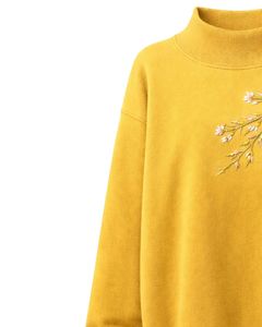 Sweat-shirt à col montant jaune moutarde pour femme, broderie, manches longues, décontracté, pull d'automne, coton doux/fibre de bambou, écologique - Product Image 3