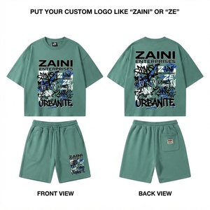 Conjunto de Camiseta y Pantalones Cortos de Algodón para Hombre, 240 GSM, Tela Premium, Corte Holgado, Estampado de Grafiti, Logotipo Personalizado, Ropa Urbana de Dos Piezas - Product Image 1