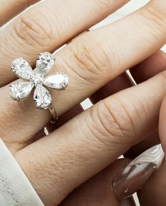Four Leaf Rhodium Plated Bezel Setting <b>Crystal</b> Marquise Cut Floral Ring for Women Party Gift - Product Image 1