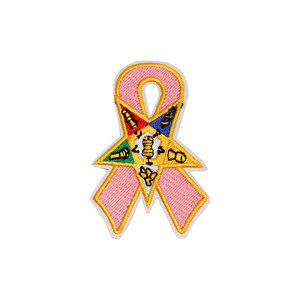 Parche Termoadhesivo Cuadrado Bordado Estrella del Este (OES) con Cinta Rosa de Concienciación sobre el Cáncer de Mama y Estrella Superpuesta para Sombreros, Ropa y Regalos - Product Image 1