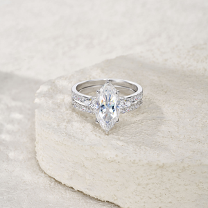 Anillo de compromiso de moissanita marquesa, conjunto nupcial de boda, oro blanco, banda pavé de tallo dividido, anillo elegante y llamativo - Product Image 3