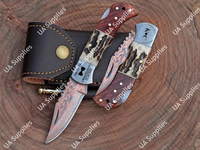 Couteau utilitaire professionnel pliable de poche EDC en acier Damas cuivré avec manche en corne de cerf pour le camping, la chasse, la survie, le bricolage, OEM