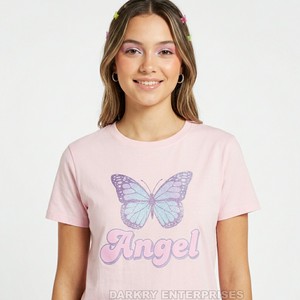 T-shirt rose personnalisé à imprimé pailleté pour femme, motif papillon et ange, en coton, vente en gros, hauts tendance à manches courtes pour femmes - Product Image 1