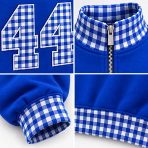 Sudadera Azul de Mujer con Media Cremallera, Cuello y Puños a Cuadros con Parche 44, Estilo Casual para Otoño - Product Image 6