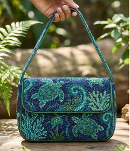 Pochette rectangulaire brodée de perles de verre et de perles de monnaie, faite à la main, avec chaîne amovible, en tissu polyester léger - Product Image 2