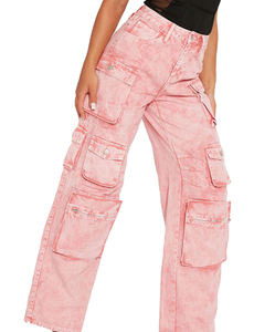 Jean cargo rose délavé à l'acide taille haute pour femme, coupe ample, jambe large, multi-poches, en denim de coton, style utilitaire - Product Image 4