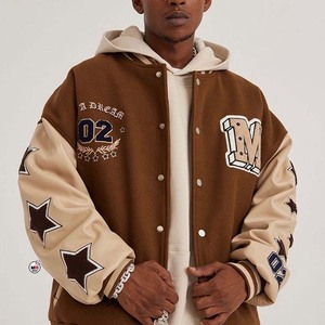 Best Selling Brown Varsity <b>Jacket</b> With Embroidered Letter M And <b>Stars</b> Hooded Preppy Style Cotton Polyester Blend Varsity <b>Jackets</b> - Product Image 1