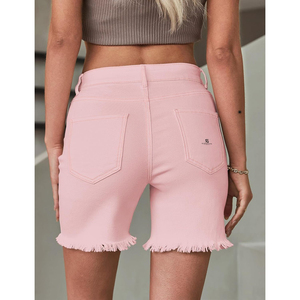 Shorts en jean déchirés taille haute pour femme, style décontracté et tendance, avec ourlet brut et boutons, modèle long 2026 - Product Image 3