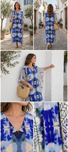 Boho V-Neck <b>Maxi</b> <b>Dress</b> With Batwing Sleeves Asymmetric Hem Chiffon Loose Fit Hand Drawn Geometric Print Summer Casual <b>Dress</b> - Product Image 4