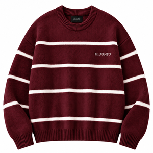 <b>Burgundy</b> Custom Logo <b>Men</b>’s Striped Knit Sweater Cotton Acrylic Blend Crew Neck Long Sleeve Pullover <b>Jumper</b> Premium Sweater - Product Image 1