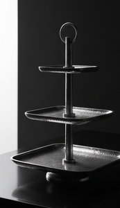 Premium Silver Metal <b>3</b> <b>Tier</b> Square <b>Cake</b> <b>Stand</b> with Ring Handle Pedestal Base Hammered Pastry Cupcake Display Tray - Product Image 3