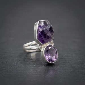 Bague Statement en Argent Sterling 925 avec Deux Pierres d'Améthyste Naturelle, Faite à la Main, Pierre Brute, Bijoux Bohèmes, Design Élégant - Product Image 3