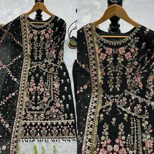 Conjunto Salwar Kameez de Georgette Heavy Fox con Bordado, Top con Moti y Espejo, Pantalón con Efecto Arrugado y Dupatta, Traje Étnico Completamente Cosido - Product Image 4