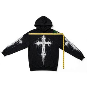 Custom Black <b>White</b> Gothic Drip Cross All Over Print Pullover Hoodie <b>Men's</b> Streetwear Vintage Wash Fleece <b>Sweatshirt</b> OEM - Product Image 6