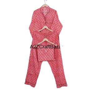 Conjunto de pijama de verano para mujer de algodón 100% hecho a mano indio con estampado Floral Ultra-Pants con correa de espagueti vestido de noche y camisa - Product Image 1