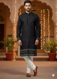 Conjunto de Kurta y Pijama de Seda Pura Tradicional Más Vendido, Sin Arrugas, Ropa Étnica Premium para Fiestas, Bodas y Festivales en Oferta - Product Image 4