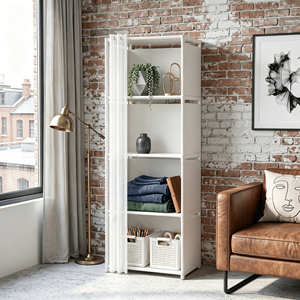 5-Tier Portable Wardrobe Closet with Curtain Silver Metal <b>Shelf</b> <b>Rack</b> White Fabric Panels & PEVA Curtain Freestanding - Product Image 5
