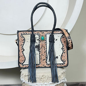 Nouveauté Sac à main de grande capacité de créateur Sac à bandoulière Sac à main de luxe en cuir travaillé à la main Sac cabas pour femme avec pierre turquoise et franges - Product Image 4