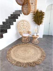 Alfombra Redonda de Yute Hecha a Mano con Flecos, Estilo Bohemio, para Sala de Estar, Pelo Corto, Color Natural - Product Image 1