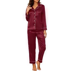 Fournisseur en gros de vêtements de nuit pour femmes personnalisés, respirants, 100% soie, col en V, chemise à manches longues en soie douce, pantalon, couleur saisonnière - Product Image 1