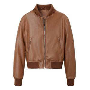 Men Leather Bomber <b>Jacket</b> Genuine Leather <b>Zip</b> <b>Up</b> Casual Flight <b>Jacket</b> With Ribbed Cuffs Elastic Hem And Everyday Comfort - Product Image 1