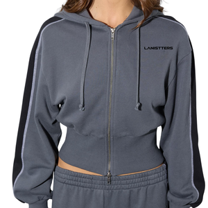 Custom Womens <b>Cropped</b> Full <b>Zip</b> Hoodie Two Tone Fleece Sweatshirt with Contrast Sleeve Panels Exposed Seams and Wide Ribbed Waist - Product Image 1