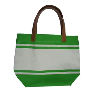 Tote Bag Algodão Eco Bag Com Impressão Listra Verde Acolchoado PU Handle Algodão Canvas Beach Bag Para Meninas