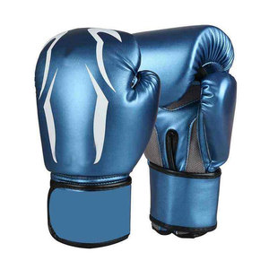 Blue Leather Boxing <b>Gloves</b> White Foil Print Laced Closure Breathable Waterproof Non-Slip Adjustable Wrist Strap Unisex for - Product Image 1