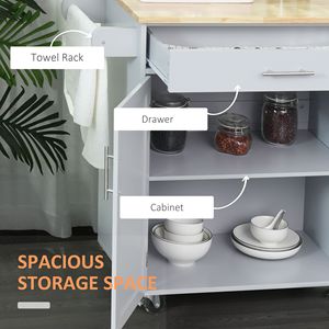 Carrello da Cucina Mobile Moderno Grigio con Isola Girevole, Cassetti Regolabili, Portasciugamani - Realizzato in Plastica, Legno di Quercia, MDF, Marmo - Product Image 4
