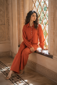 Custom OEM Apparel Women Clothing Premium Cotton Fabric Two Piece <b>Set</b> Long Sleeve Shirt High Waist Pants Co-ord <b>Set</b> - Product Image 2