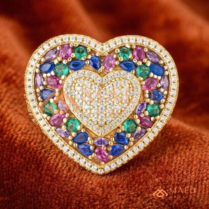 14k 18k Gold Plated Multi-Color Gemstone Heart <b>Statement</b> <b>Ring</b> - Pave Set Diamond Heart Center with Rainbow Halo - Product Image 1