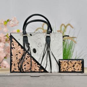New Latest Trendy High Quality Hand Tooled Fashionable Large Capacity Hair On Cowhide Luxury Women Handbag With <b>Wallet</b> Set - Product Image 1