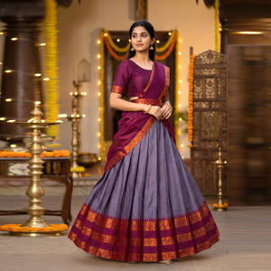 Lehenga Choli de Algodón y Seda con Borde en Contraste, Diseño Acampanado, Patrón Tejido Tradicional, Dupatta a Juego, para Fiestas y Diwali - Product Image 3