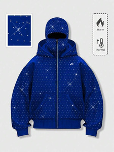 Sudadera con capucha extragrande para hombre con cremallera frontal y pedrería, forro polar térmico grueso, estilo urbano de invierno, con capucha tipo máscara, cordón ajustable y bolsillo canguro, personalizable - Product Image 5