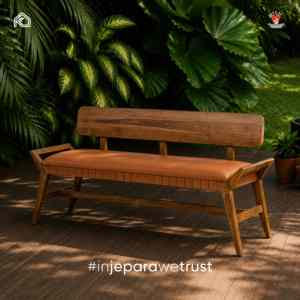 Banco de Madera de Teca Sólida de Lujo para Exteriores con Cojín de Cuero, Mueble Moderno para Jardín, Patio, Parque, Hotel, Restaurante y Sala de Espera - Product Image 1