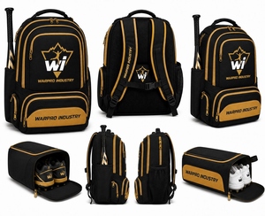 Sac à dos de sport WARPRO INDUSTRY noir et or 50-70L en nylon 600D avec logo et plusieurs poches - Product Image 4