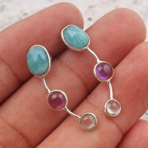 Boucles d'oreilles pendantes en Amazonite naturelle, Améthyste et Prehnite, en argent sterling 925, faites à la main, pour femmes - Product Image 2