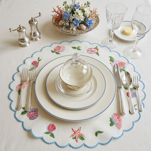 Custom Wholesale Embroidered Marine Round <b>Placemats</b> Napkins Sets Linen Scallop Border Mat Washable Reusable Mats Home Events - Product Image 2