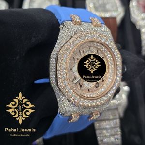 Pahal Jewels Montre de luxe sportive pour homme avec diamants, boîtier octogonal, acier inoxydable bleu, chronographe analogique à quartz, 45 mm, verre saphir - Product Image 2
