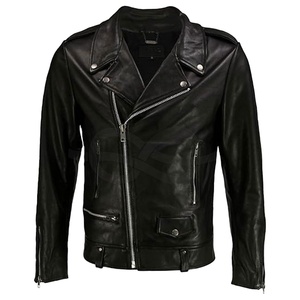 Veste de motard classique et élégante pour homme en cuir d'agneau véritable avec col montant, style vintage, en noir - Product Image 1