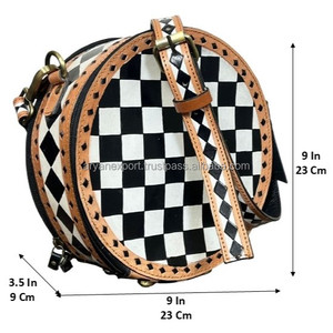 Sac à bandoulière rond en cuir véritable fait main par le fabricant avec motif à carreaux, sac à main de créateur pour femme - Product Image 2