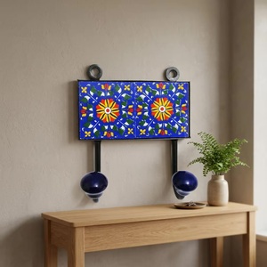 Ceramic Tile Wall Coat Hooks Floral Design Handmade Vintage Style Eco-Friendly Adjustable <b>Waterproof</b> 2 Hooks Blue Color - Product Image 3