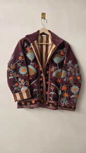 Handmade Women Velvet <b>Quilted</b> Jacket Winter Wear Vintage Suzani Embroidered Maroon Regular Coat Breathable Eco-Friendly Floral - Product Image 6