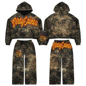 Survêtements de jogging streetwear personnalisés effet vieilli, épais, respirants, hiver, grandes tailles, avec impression sérigraphiée, sweat à capuche zippé et pantalon de survêtement - Product Image 1